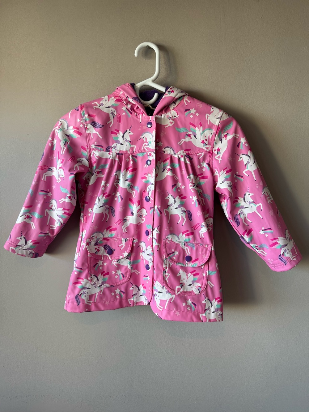 Hatley Pink Unicorn Print Pleated Terry Lined Raincoat Hooded Jacket Size 5